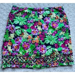 Lilly Pulitzer Women Floral Lattice Hem Pink Green Preppy Sorority Coton Skirt 6